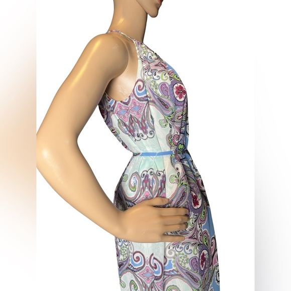 London Times Halter Printed Floral Boho maxi Key Hold dress with tie belt Size 4 - Picture 8 of 14